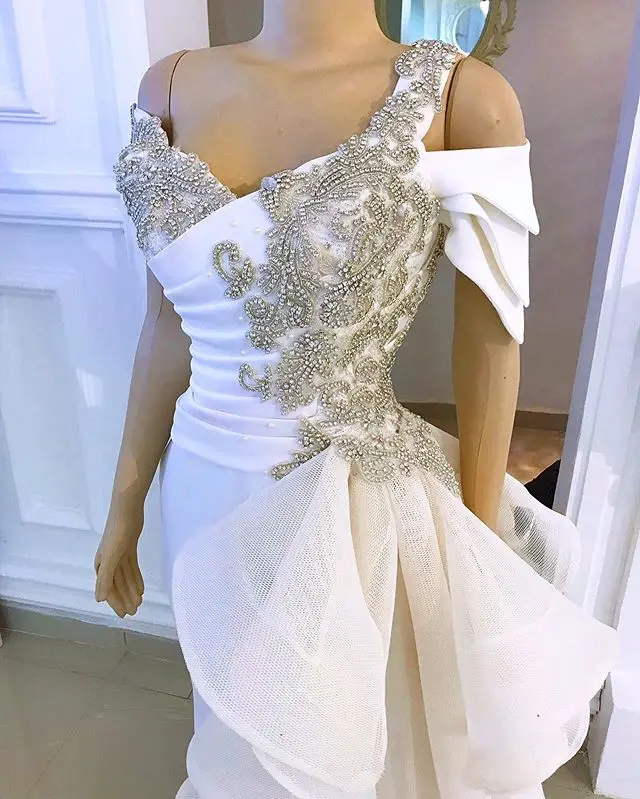 Mono de Fiesta blanco con detalles de cristal y cola de Peplum lateral desmontable, traje de noche de sirena con hombros descubiertos, pantalón, 2022