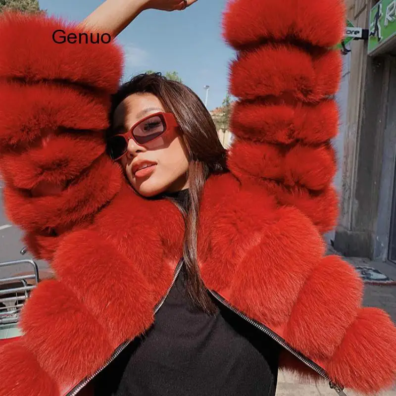 

Fashion Winter Coat Women Luxury Faux Fox Fur Coat Women Stand Fur Collar Long Sleeve Faux Fur Jacket