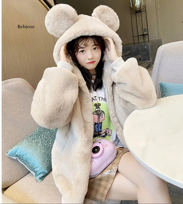 ฤดูหนาว Hooded เสื้อ Teddy เสื้อผู้หญิงขนาดใหญ่หลวม Faux เสื้อขนสัตว์หนาหนายาวเสื้อกันหนาวเสื้อขนสัตว์