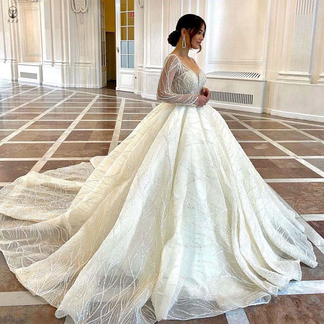 

Luxury Wedding Dress Plunging V Neck Beaded Shinny Stones Ball Gown Long Sleeve Princess Vestidos De Novias