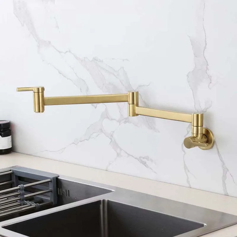 Golden Kitchen Sink Faucet Wall Mounted, Folding Sink Faucet with Dual Handle for Kitchen Rotatable Spout Sink Mixer Tap Brass