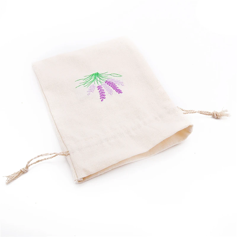 Hot selling New Fashion 2 Sizes Handmade Canvas Embroidered Portable Cream-colored  Package Lavender Drawstring  Packaging Bag