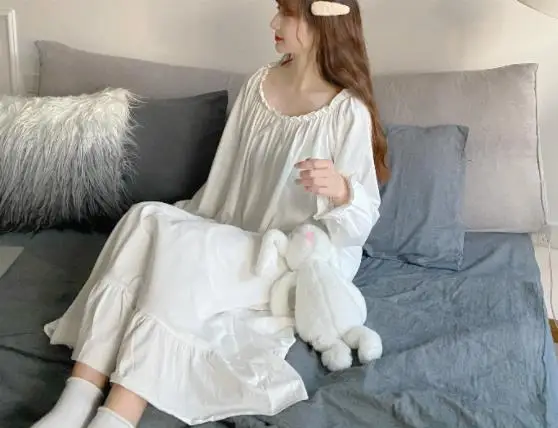 Spring Autumn Nightgowns For Women Dress Cotton Mesh Long Nightdress Long Sleeve Home Wear Clothes Ladie\'s Sleepwear Nightshirt