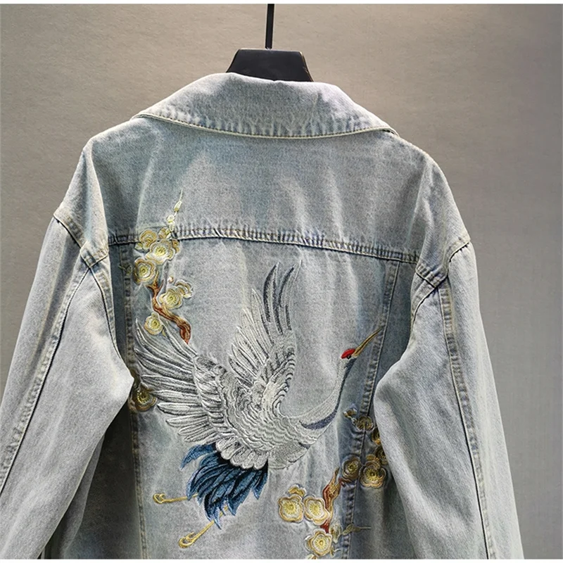 Fdfklak Lente Herfst Nieuwe Kraan Borduren Verontruste Losse Denim Jas Trendy Hong Kong Stijl Lange Mouw Blouse Vrouwen Gift