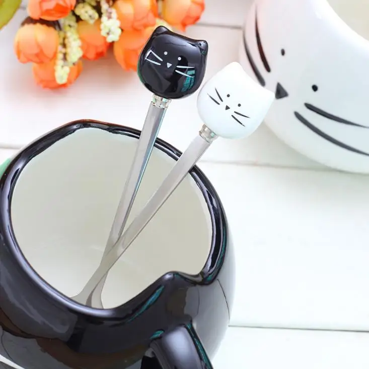 300pcs/lot Cartoon White Black Cat Spoon Stainless Steel Tea Coffee Ice Cream Spoons Tableware Decor SN1512