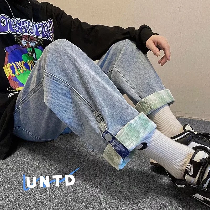 Loose straight jeans men's spring and autumn new fashion brand ins loose and versatile snap buckle Plaid hem nine point pants