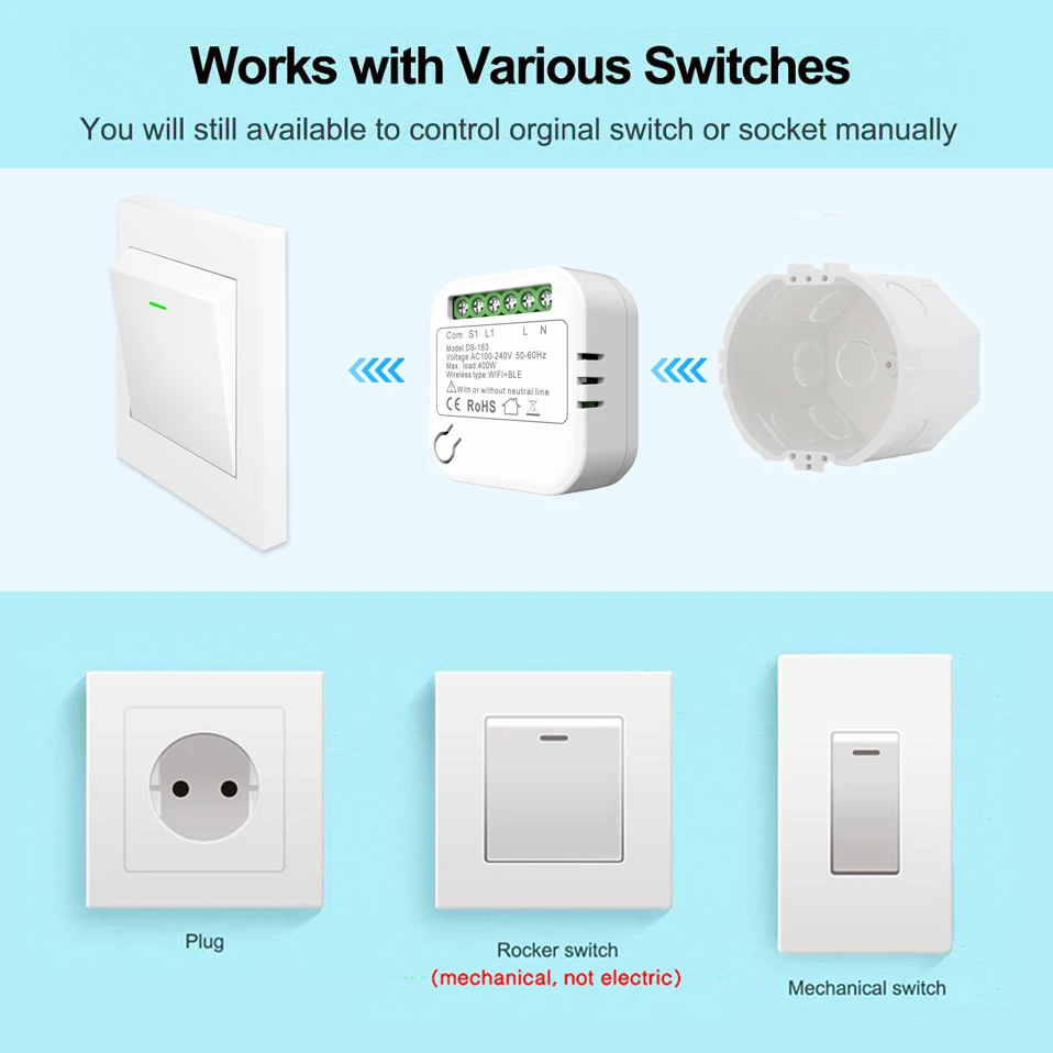 Tuya Mini Smart Wifi Switch Module DIY Light Switch No Neutral 2 Way Control 220V 110V Smart Life App Support Alexa Google Home