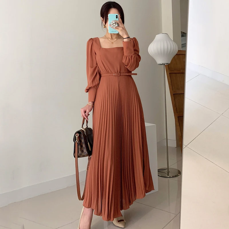 

Autumn Long Dress for Women Elegant A-Line Vintage Dresses Women Spring Korean Party 2022 High Waist Long Sleeve Square Collar