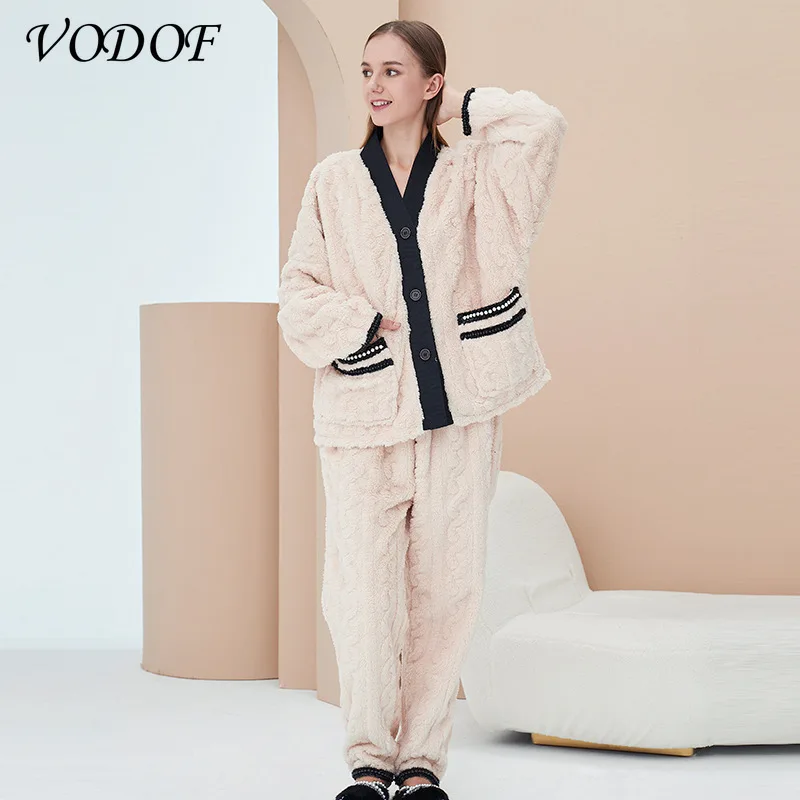 2021 Autumn and Winter Thick Coral Fleece Long-sleeved Cartoon Pajamas Thin Flannel Pajamas Set Warm Flannel Women Pajamas Set