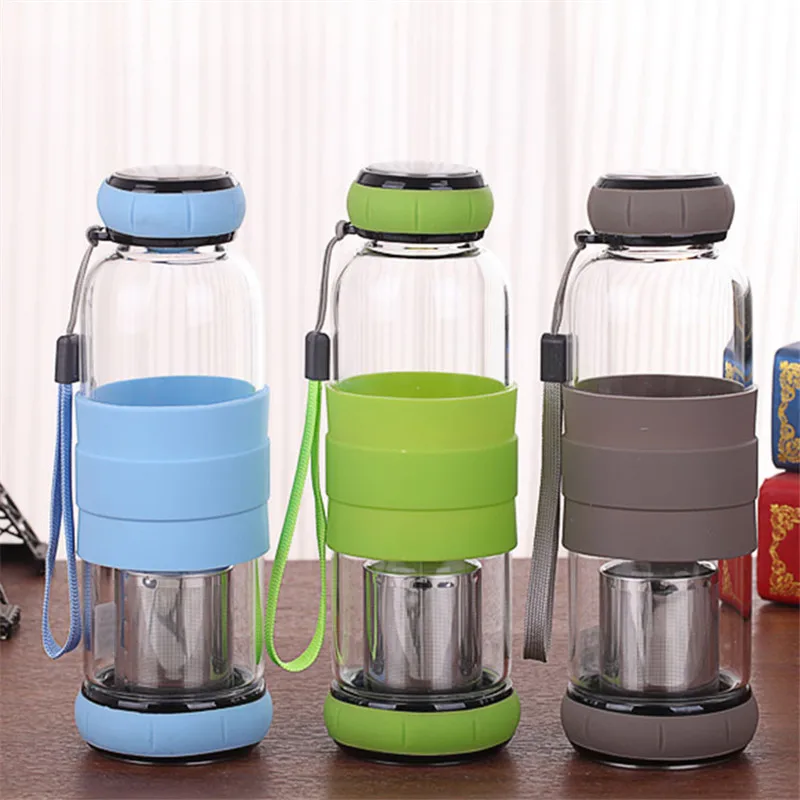 

550ML Portable Rope Glass Water Bottle Travel Outdoor Fruit Juice Kettle Drink Cup Directly Stainless Steel Tea Strainer