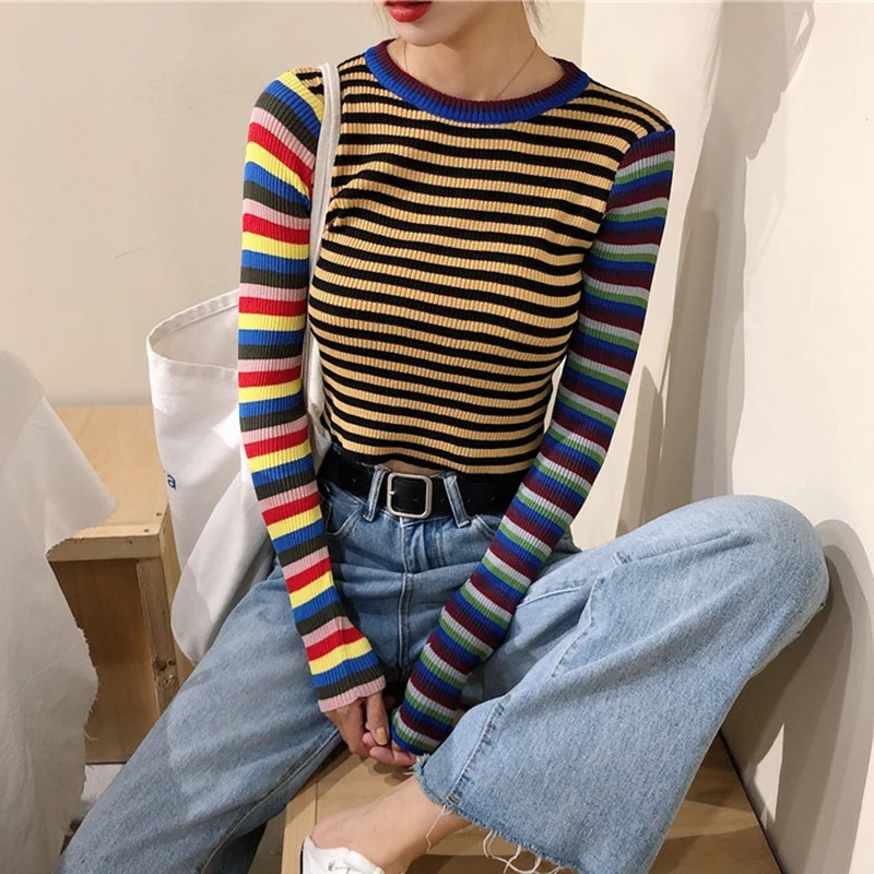 Striped Knitted T-shirt   Autumn Women Student Wind Casual Wild Slim Short T-shirt Female Crop Tops Long Sleeve T-Shirts