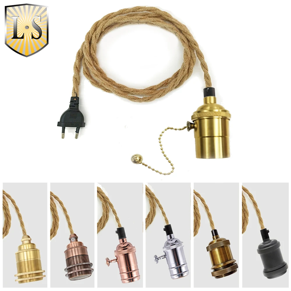 

EU Plug Hemp Rope Power Cord E27 Edison bulb Socket 2/3 Meters Vintage Hanging Light Wire With ON/OFF Switch For Retro Lamps