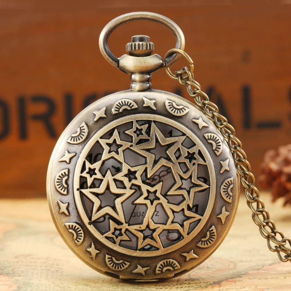 Hollow Stars Design Quartz Pocket Watch Bronze Chain Necklace Pendant Clock Gifts Men Women Antique Collect Timepiece