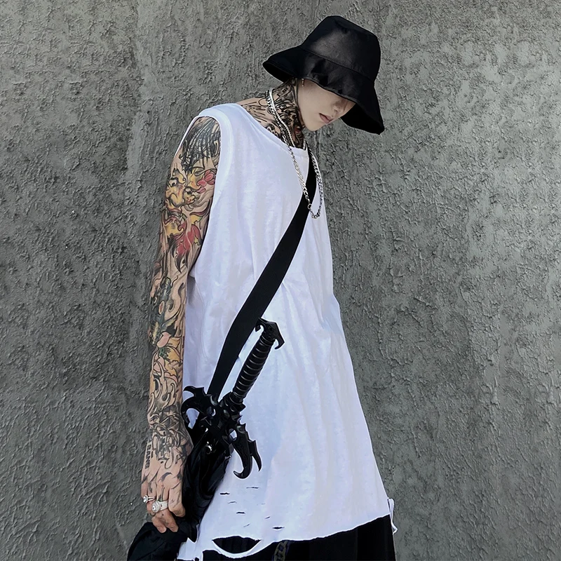 Summer basic European and American style loose solid color T-shirt men's wild cut torn hole bottoming vest waistcoat compassiona