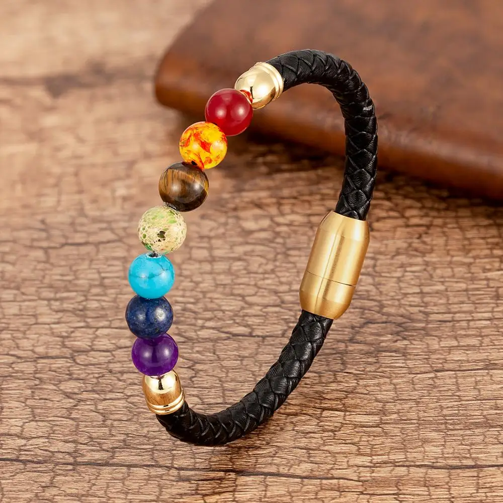 Bracciale da uomo in pietra di Chakra rotonda naturale bracciale classico in vera pelle nera braccialetti in acciaio inossidabile donna 2020 gioielli di moda