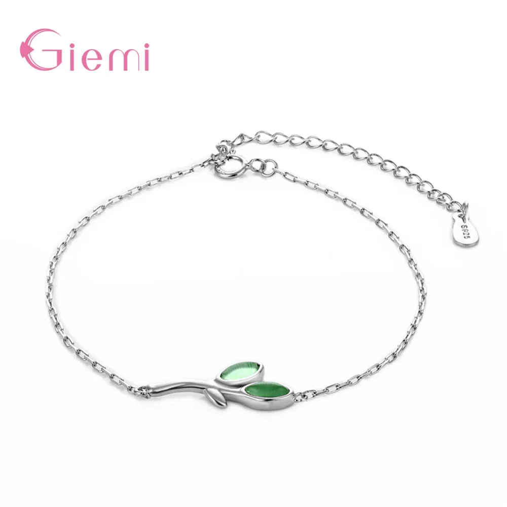 New Arrival Korean Style Fashion Jewelry Genuine 925 Sterling Silver Bracelet With Sparkling Green Leaves Shape Crystal Pendant