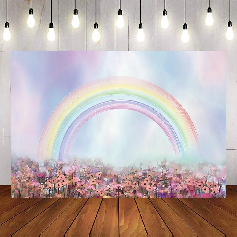 Rainbow Birthday Party Background Colorful Flowers Backdrop Fantasy Customized Photographic Background for Photo Studio