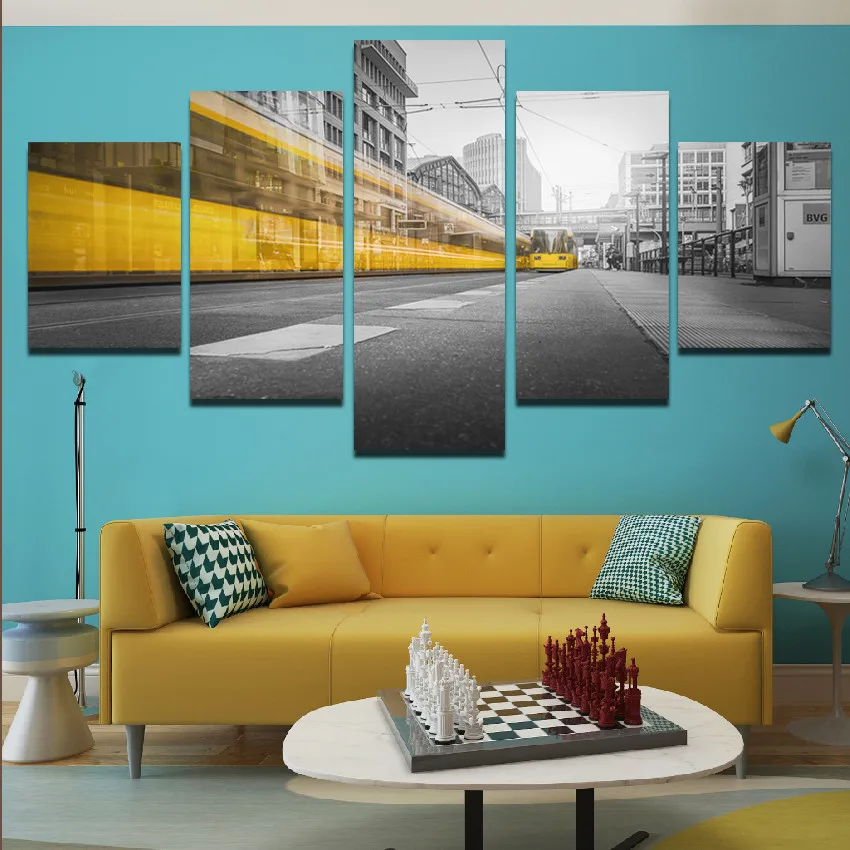 5pcs The Yellow Train Passing The Gray City Color Contrast, Composition Art Frameless Home Decoration Canvas Printing Poster