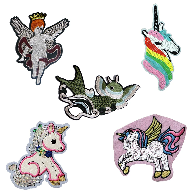 Cute Cartoon Sequin DIY Unicorn Angel Fish Patch Iron Patch Embroidery Clothes Stripe Cartoon Rainbow Sticker