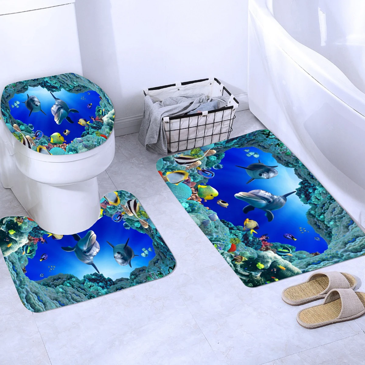 3D Ocean Design Dolphin Waterproof Fabric Bathroom Curtain Blue Shower Curtains Set Anti-skid Rugs Toilet Lid Cover Bath Mat