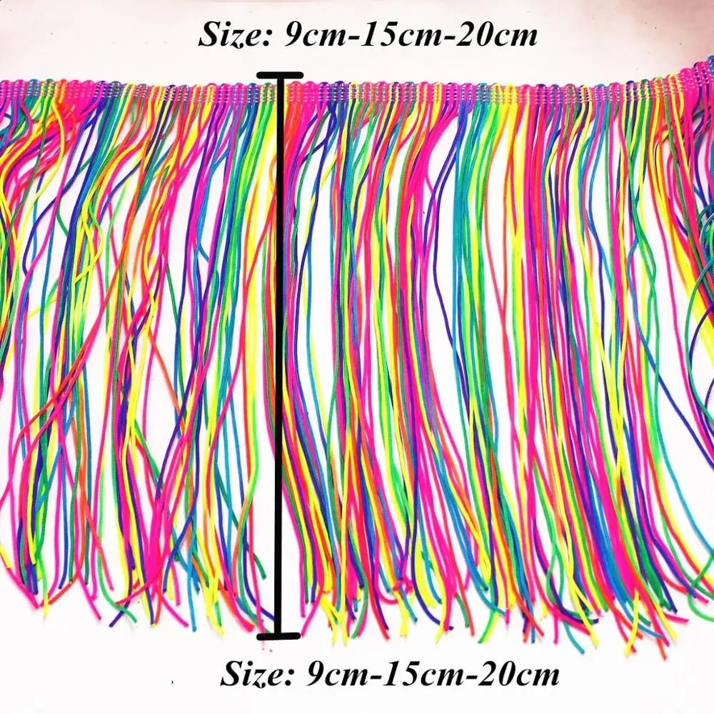1 Yard Latin Fringe Tassel Rainbow Colored Nylon Latin Dress Trimming Dancewear Macrame Sewing Lace Fluro Double Band 20CM