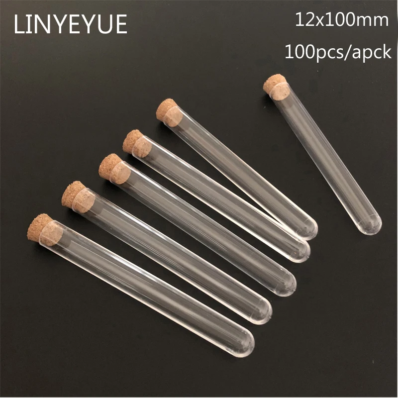 100pcs/lot 12*100mm Clear Plastic Test tube with Cork Transparent Test-tube