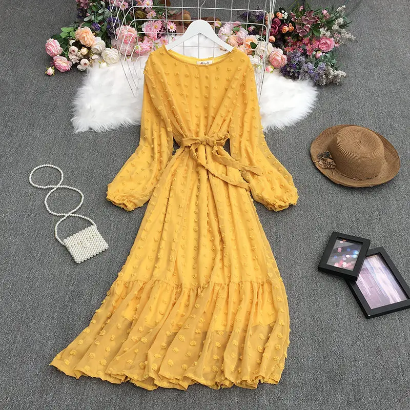 

2021 Spring Summer New Korean Sweet Dress Mid-Length Waist Ruffle Fashion Long Jacquard Dress Women Beach Maxi Vestido zh574