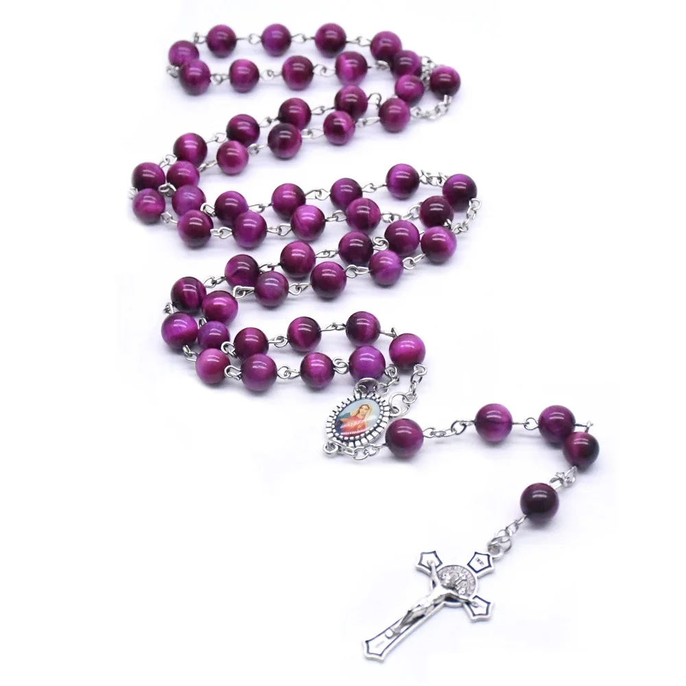 Virgin Plum Red Natural Tiger Eye Stone Cross Rosary Necklace Prayer Beads Christian Church Supplies