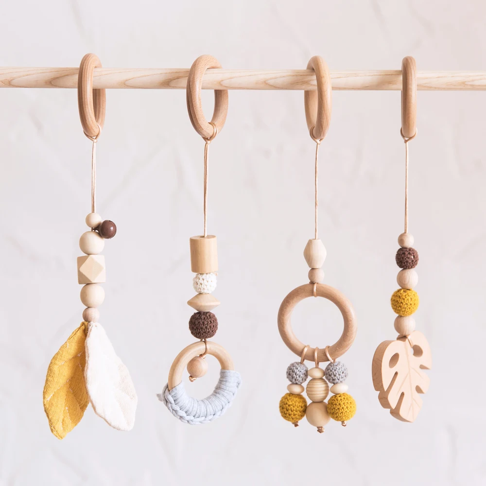 4pcs Baby Wooden Pendant Sensory Ring-Pull Beech Ring Wooden Teether Baby Play Gym BPA Free For Crib Rattle Pendant Toys Gifts