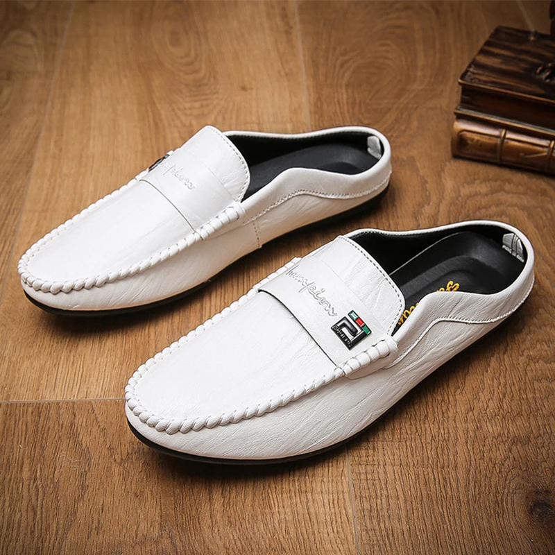 Italian Luxury Men\'s Slippers PU Leather Loafers Men Moccasins Casual Non-slip Man Shoes Summer Fashion Half Shoes For Men