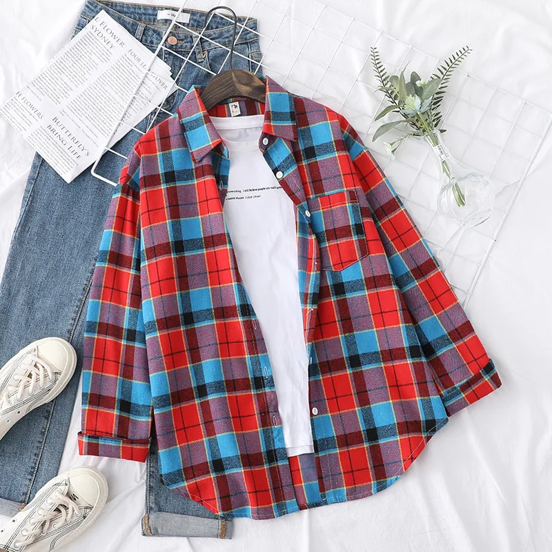 Brand Women\'s Flannel Plaid Shirts 2023 New Ladies Tops Exquisite Designer Style Loose Blouses Casual Cotton Long Sleeve Blouse