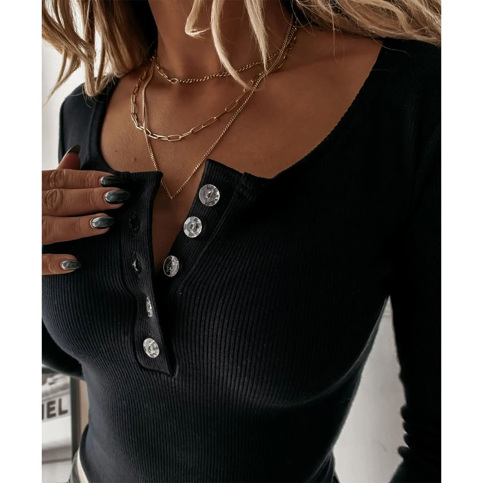 

Autumn Women Blouse Sexy V Neck Button Long Sleeve Solid Color Slim Pullover Top Women's Clothing blusas elegantes para mujer