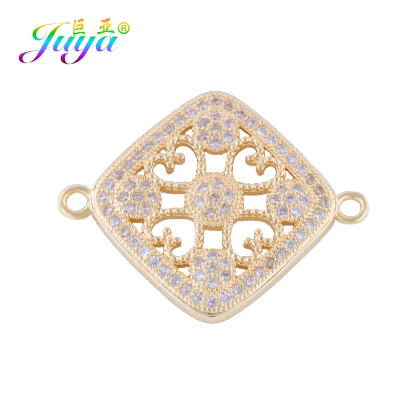 Juya Handmade 18K Gold Plated Floating Heart Pattern Square Charm Connectors Accessories For DIY Women Needlework Jewelry Making