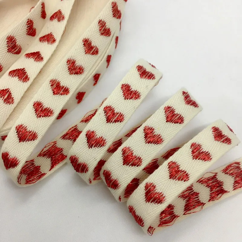 Twill Cotton Ribbon Lurex Heart 1.6cm 5Y For Handmade DIY Craft Gift Floral Packing Christmas Wedding Party Easter Deco