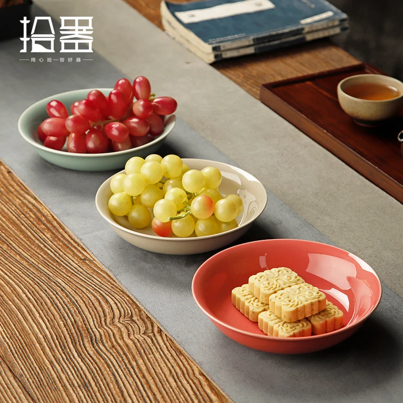 Ceramic Simple Refreshment Plate Chinese Zen Retro Dessert Fruit Plate Small Japanese Dried Fruit Dessert Snack Bowl Tray