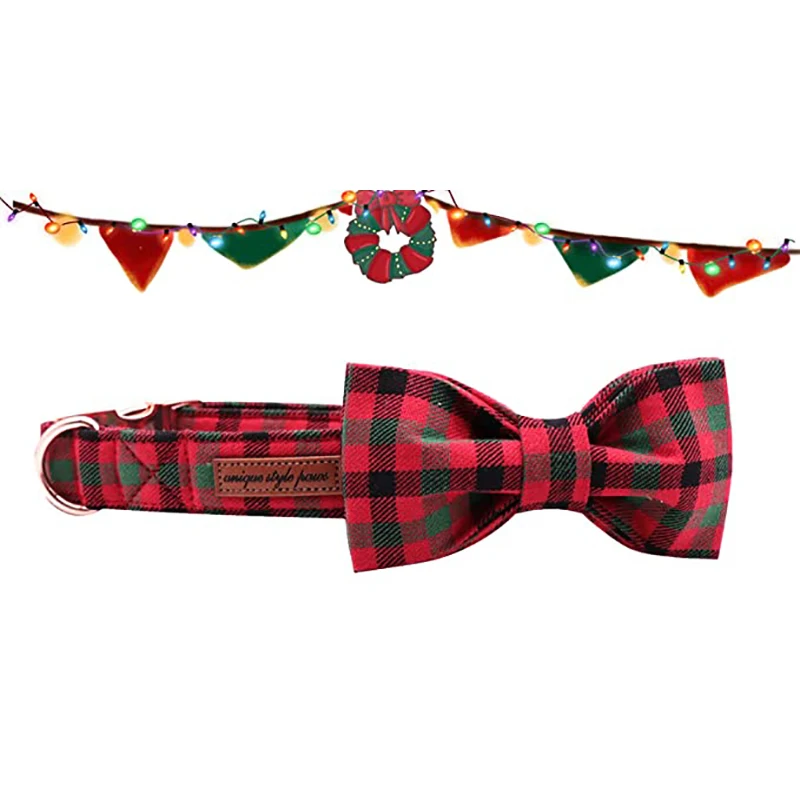 Unique Style Paws Christmas Dog Collar with Bow tie Leash Red Plaid Dog Collar Pet Gift for Dogs and Cats