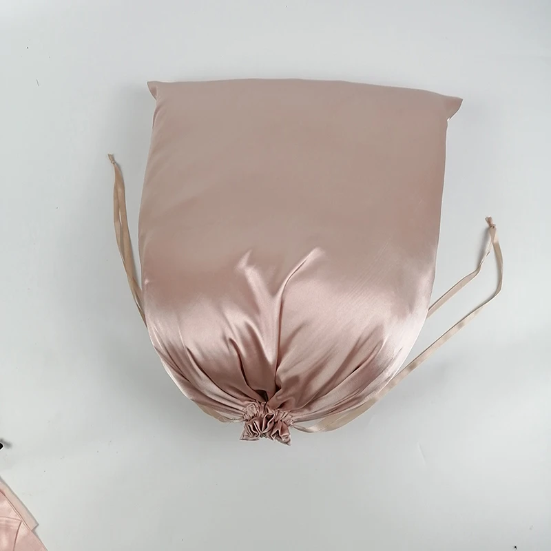 20PCS Individuelles Logo Rose Gold Seide Satin Kordelzug Tasche Make-Up Schuhe Kleidung Reine Haar Extensions Perücken Verpackung Taschen Lagerung – Detail 4