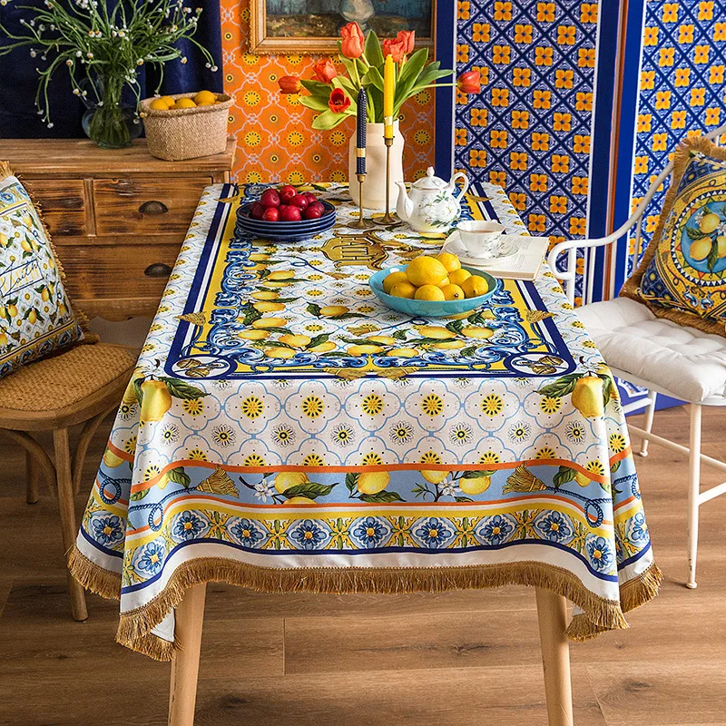 

Summer Lemon Print Tablecloth Home Luxury Velvet Dining Table Cloth Yellow Blue Contrast Square Tablecloth Cabinet Cover Cloth