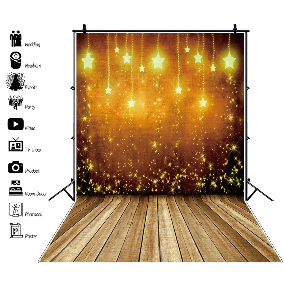 Laeacco Brilliant Gold Star Dots Wood Floor Stage Party Baby Child Portrait Photographic Background Photo Backdrop Photo Studio