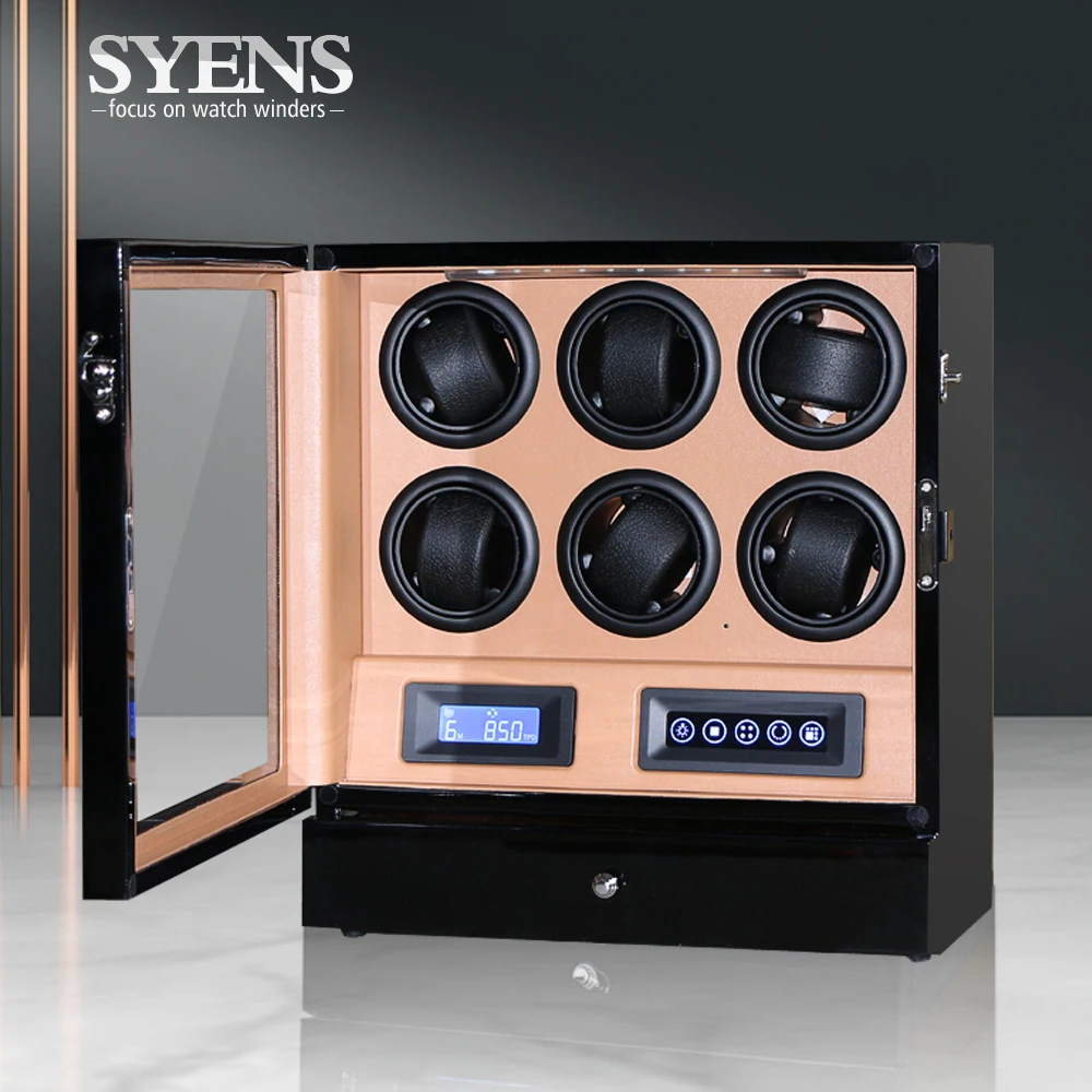 Watch winder rotation 6 automatic watch winding box with LCD control and TPD mode watchwinder Made by Black gloss w Brown PU