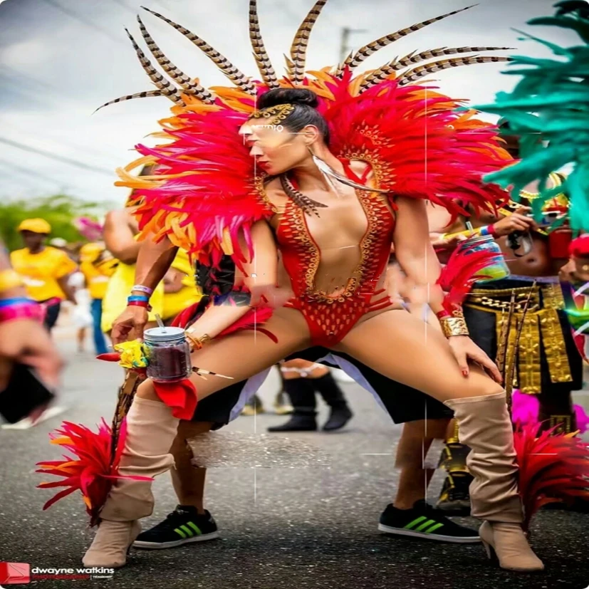 Red Female singer music festival samba bikini feather costume