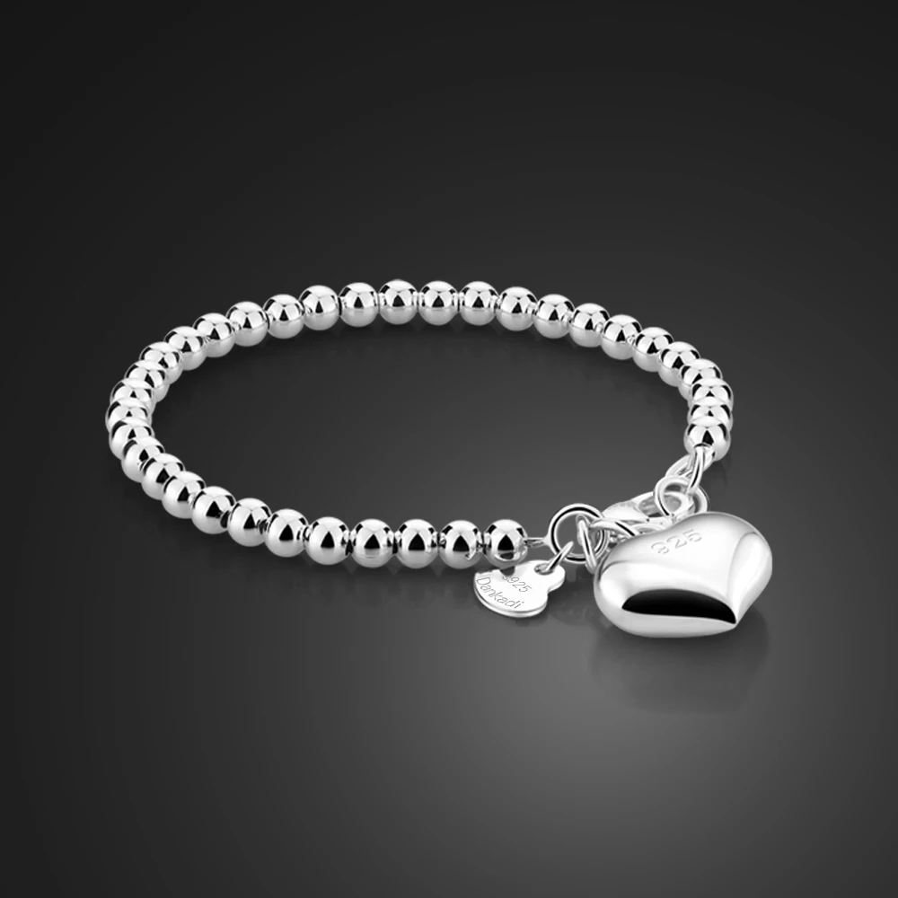 

High Quality Simple Ball Bead Bracelet 100%925 Sterling Silver Heart Bangle Fashion Woman Girl 15cm/20cm Chain Jewelry