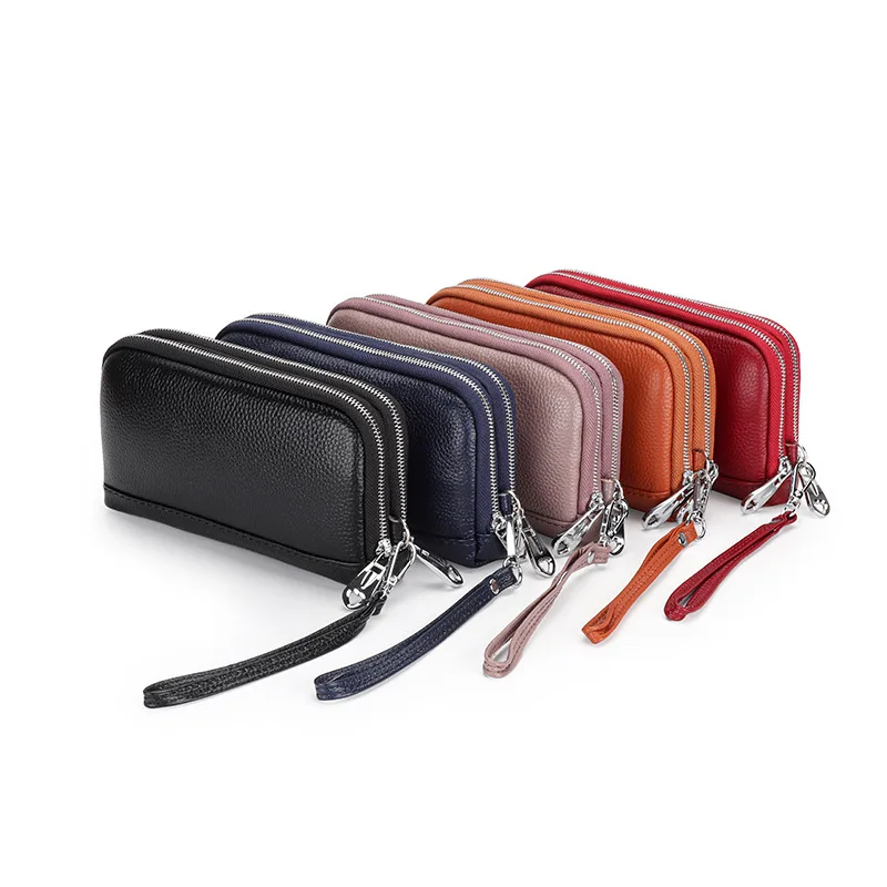 Double Layer Zipper Head Layer Cowhide Multifunctional Genuine Leather Hand-Held Mobile Phone Wallet for Women