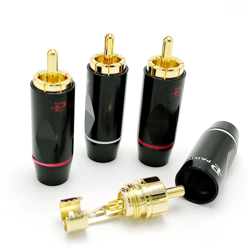 Chapeamento de ouro de Cobre plug Cabo conector RCA De Áudio E Vídeo Conector De Fios para 6 milímetros 4 pçs/lote