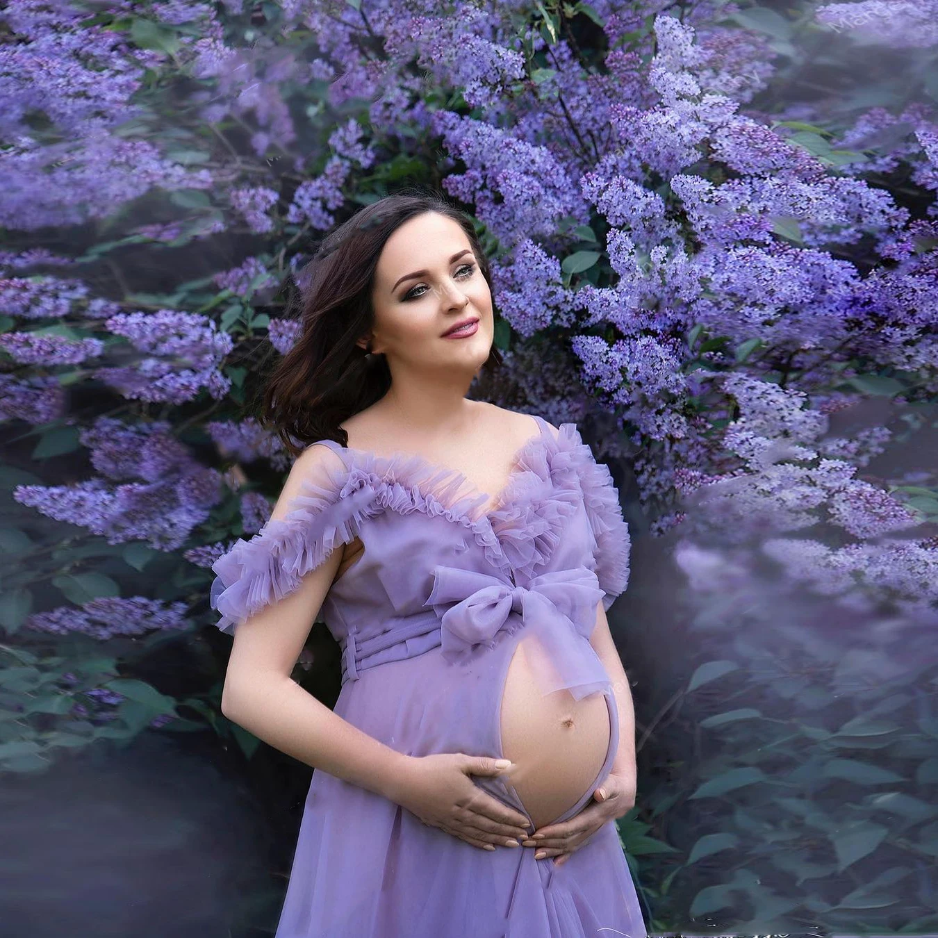 Photography Lavender Maternity Dress Ruffle Draped Flares Tulle Photoshoot Bridal Pregnancy Dress Bow Bridal Gown Spaghetti