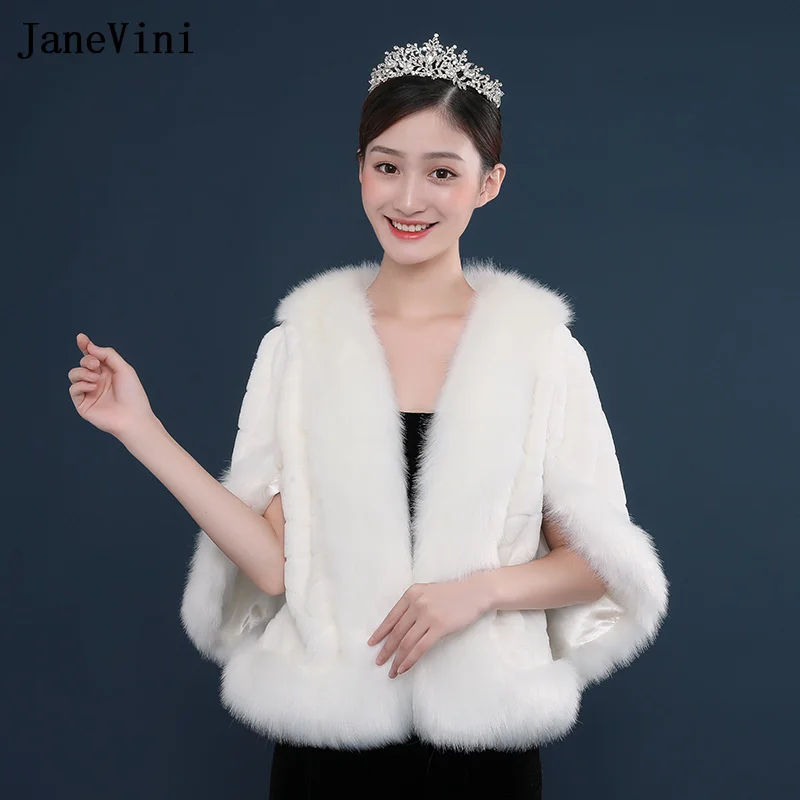 JaneVini Fourrure Blanche Weiß Faux Fur Wrap Winter Hochzeit Cape Braut Bolero Braut Hochzeit Mantel Formale Boleros Stolen Schals