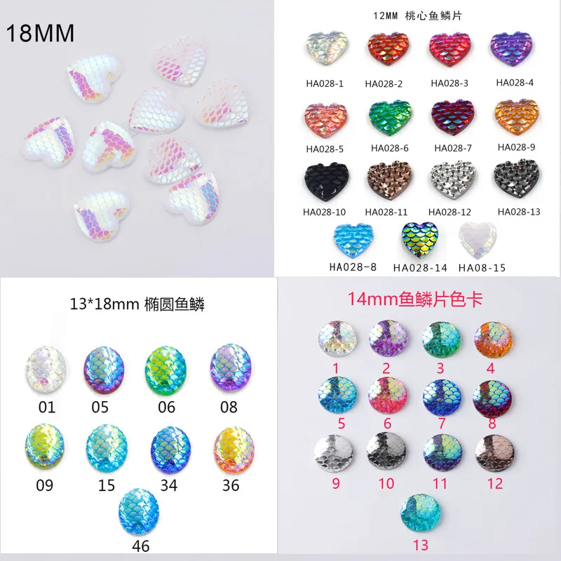 100pcs/lot heart resin Mermaid Scale Charms without hole For Jewelry Making DIY circle oval Fish scales pendants Jewelry Finding