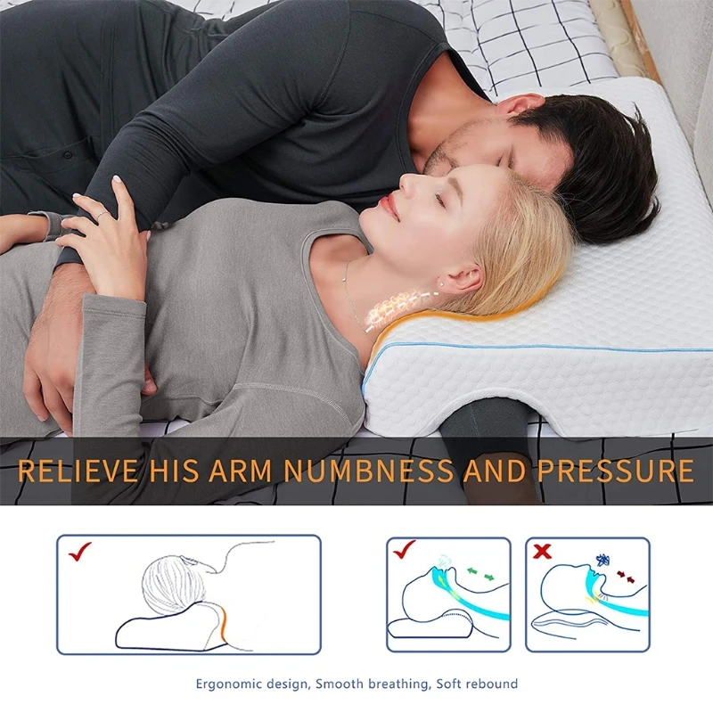 Couples Pillow with Arm Rest Memory Foam Anti Hand Pressure Neck Pain Relief Arched Sleeping Cuddle Cervical Cushion for Sleeper