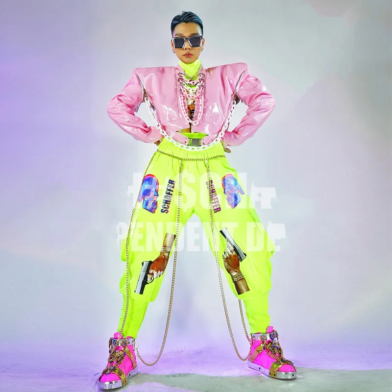 Nightclub Bar Gogo Stage Performance Costumes Pink Leather Chain Jacket Neon Green Pants For Male Singer Rave Outfits DWY6193