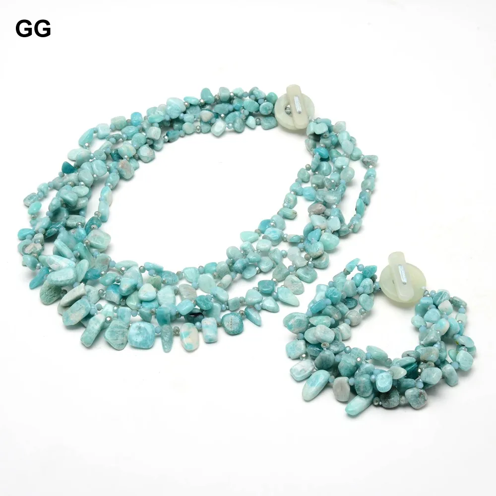 

GG 20" 5 Rows Natural Blue Amazonite Top-drilled Fancy Polished Stone Beads Necklace Bracelet Sets Handmade Cute For Women